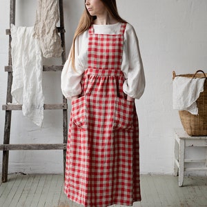 Garden Festive Cottage Dress, Linen Pinafore Dress, Elastic Waist Dress, Plaid Linen Pinafore, Linen Dress for Women, Victorian Apron