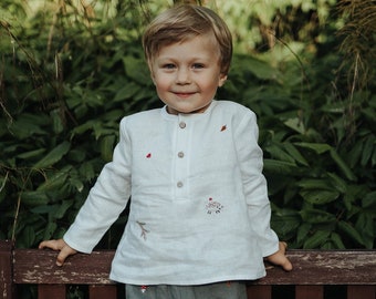 Embroidered Linen Shirt: White Forest Long Sleeve Unisex Kids Top