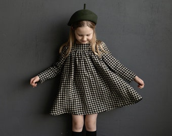 Black Gingham Classic Linen Dress, Baby Linen Dress, Baby Dress, Linen Clothes Girls, Dress Girls, Kids Clothing, Linen Girl Dress