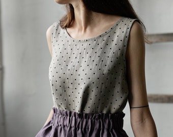 Natural Polka Dot Festive Sleeveless Top, Linen Shirt, Linen Plaid Shirt, Linen Blouse, A Line Style Shirt, Sleeveless Linen Blouse