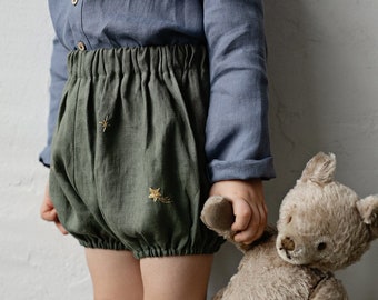 Sage Exclusive Magic Bloomers, Linen Bloomers, Stars Embroidery, Linen Shorts, Kids Bloomers, Linen Kids Clothing, Unisex Baby Bloomers