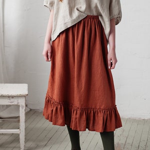 Rust Victorian Skirt, Ruffle Linen Skirt, Victorian Style Skirt, Linen Skirt, Long Linen Skirt, Linen Skirt for Women, Elastic Waist Skirt