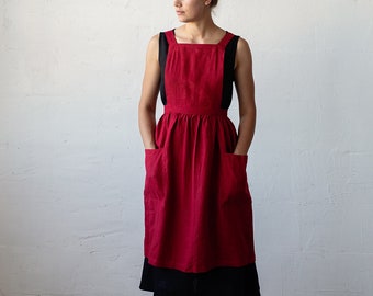Cherry Midi Cross Back Pinafore, Linen Pinafore, Linen Apron, Cooking Apron, Kitchen Linen Apron, Apron for Women, Washed Linen Pinafore