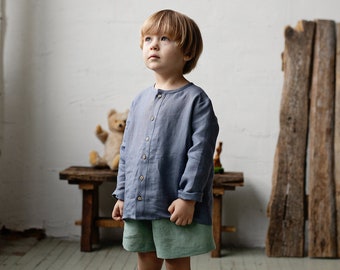 Dusty Blue Long Sleeve Classic Shirt, Different Embroideries, Linen Shirt, Linen Shirt Boys, Linen Shirt Girls, Unisex Kids Shirt