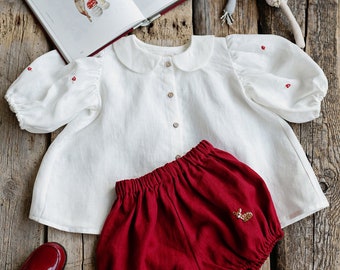 Camisa blanca de caramelo de agárico de mosca, túnica de lino, bordado de agárico de mosca, camisa de cuello Peter Pan, túnica de botones para niñas, camisa de lino para niños