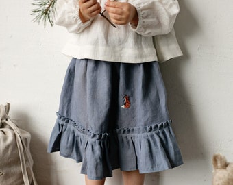 Dusty Blue Ruffle Skirt, Linen Ruffle Skirt, Different Embroideries, Baby Girl Skirt, Linen Clothes for Kids, Washed Linen Skirt