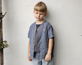 Dusty Blue Short Sleeve Classic Shirt, Different Embroideries, Linen Shirt, Linen Shirt Boys, Linen Shirt Girls, Unisex Kids Shirt