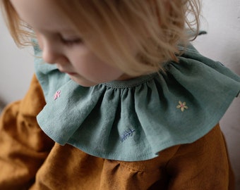 Mint Ruffle Linen Collar, Linen Collar for Kids, Branch and Flower Embroidery, Detachable Collar, Removable Linen Collar, Gift for Kids