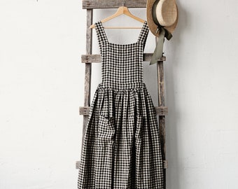 Black Gingham Cottage Dress, Linen Pinafore Dress, Elastic Waist Dress, Linen Pinafore, Linen Dress for Women, Victorian Apron