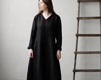 Black Daiva Dress, Linen Dress, Linen Dress for Women, Loose Linen Dress, Maxi Dress, Oversized Linen Dress, V Neck Linen Dress