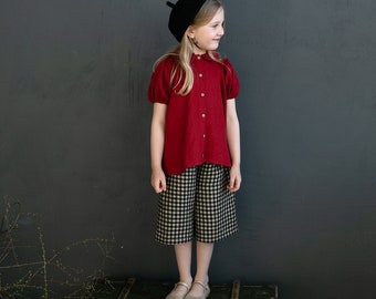 Black Gingham Short Culottes, Unisex Linen Culottes, Linen Pants Kids, Linen Pants Girls, Linen Pants Boys