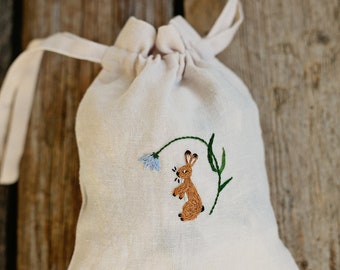 Bolsa de linho: bordado de coelho e flor, armazenamento de brinquedos