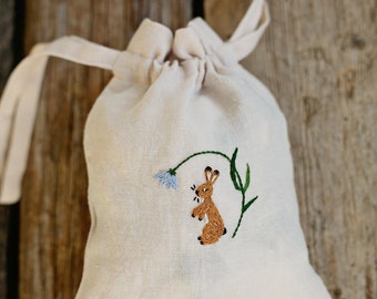 Linen Pouch Bag, Different Colours, Rabbit and Flower Embroidery, Laundry Bag, Nursery Decor, Toy Storage Bag, Bread Bag, Gift for Women