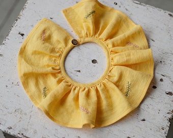 Yellow Ruffle Linen Collar, Linen Collar for Kids, Branch Embroidery, Detachable Collar, Removable Linen Collar, Gift for Kids