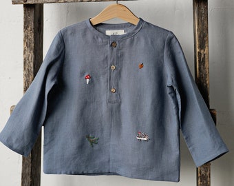 Dusty Blue Forest Long Sleeve Unisex Linen Shirt, Different Embroideries, Linen Shirt, Linen Shirt Boys, Linen Shirt Girls, Kids Shirt