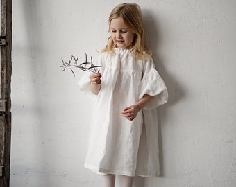 White Parachute Dress, Linen Parachute Dress, Different Embroideries, Linen Dress for Girls, Flower Girl Dress, Girl Linen Dress