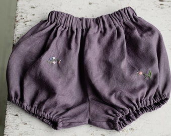 Mauve Exclusive Summer Bloomers, Forget Me Not Embroidery, Linen Bloomers, Flower Embroidery, Linen Shorts, Kids Bloomers, Kids Clothing