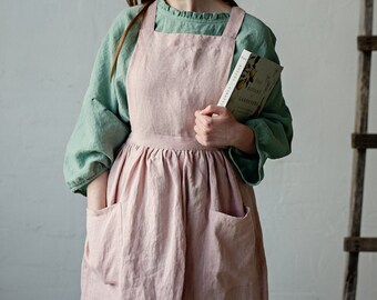 Linen Pinafore Dress with Pockets, Linen Pinafore, Pink Linen Apron, Cooking Apron, Kitchen Linen, Apron for Women, Washed Linen Pinafore