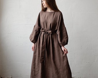 Cacao Kimono Dress, Oversized Linen Dress, Linen Dress, Linen Dress for Women, Plus Size Linen Dress, Loose Linen Dress, Maxi Dress