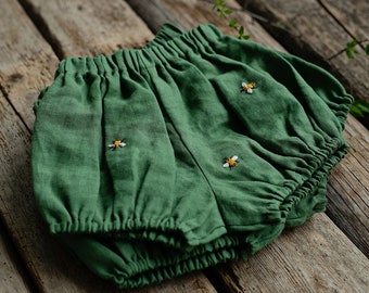 Apple Green Exclusive Bloomers, Linen Bloomers, Bee Embroidery, Linen Shorts, Kids Bloomers, Linen Kids Clothing