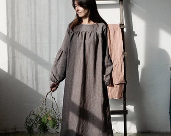 Brown Stripe Victorian Dress, Linen Dress, Victorian Style Dress, Linen Dress for Women, Linen Maxi Dress, Long Sleeve Linen Dress