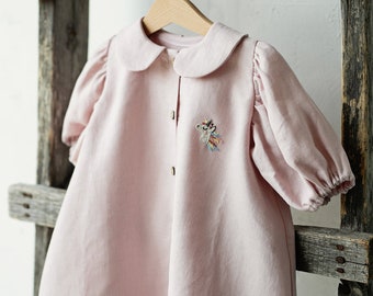 Baby Pink Short Sleeve Tunic Dress, Linen Tunic Dress, Different Embroideries, Peter Pan Collar Dress, Button Down Dress for Girls