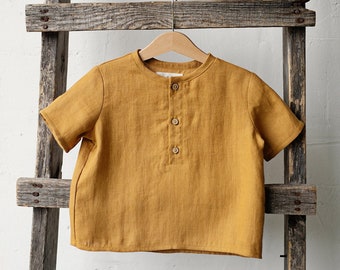 Chemise en lin unisexe à manches courtes moutarde, différentes broderies, chemise en lin, chemise en lin garçons, chemise en lin filles, chemise pour enfants