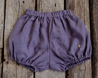 Mauve Exclusive Magic Bloomers, Linen Bloomers, Stars Embroidery, Linen Shorts, Kids Bloomers, Linen Kids Clothing, Unisex Baby Bloomers