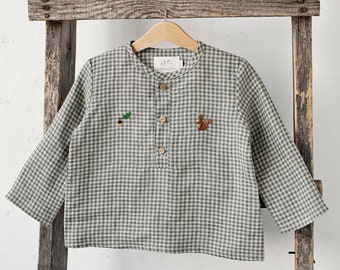 Green Gingham Long Sleeve Unisex Linen Shirt, Different Embroideries, Linen Shirt, Linen Shirt Boys, Linen Shirt Girls, Kids Shirt