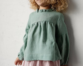 Túnica de lino con volantes cortos de menta, camisa de lino para niñas, túnica de lino de manga larga, top de lino de niña, camisa de bebé, camisa de niña de lino