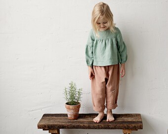 Mint Short Linen Tunic, Different Embroideries, Linen Shirt for Girls, Long Sleeve Linen Tunic, Girl Linen Top, Baby Shirt