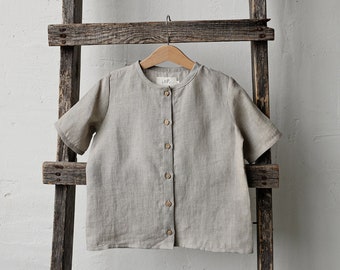 Natural Short Sleeve Classic Shirt, Different Embroideries, Linen Shirt, Linen Shirt Boys, Linen Shirt Girls, Unisex Kids Shirt