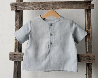 Chemise en lin unisexe à manches courtes bleu ciel, différentes broderies, chemise en lin, chemise en lin garçons, chemise en lin filles, chemise pour enfants