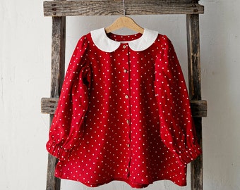 Red Polka Dot Exclusive Tunic Dress, Peter Pan Collar Dress, Linen Tunic Dress, Button Down Dress for Girls, Linen Shirt Girls