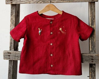 Cherry Short Sleeve Classic Shirt, Different Embroideries, Linen Shirt, Linen Shirt Boys, Linen Shirt Girls, Unisex Kids Shirt