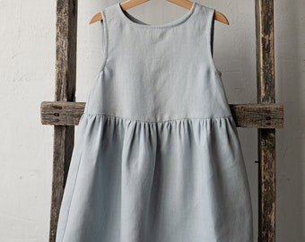 Sky Blue Smock Dress, Linen Sleeveless Dress, Different Embroideries, Summer Dress for Girls, Flower Girl Dress, Girl Linen Dress