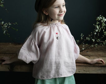 Tunique en lin parachute rose, hérisson avec broderie coeurs, chemise en lin pour fille, tunique en lin à manches longues, haut en lin pour fille, chemise bébé