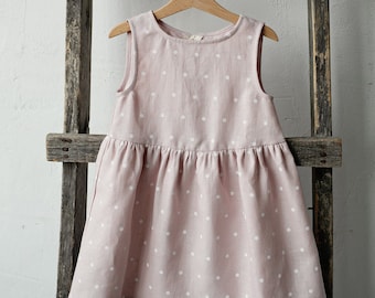 Pink Polka Dot Festive Smock Dress, Linen Sleeveless Dress, Summer Dress for Girls, Flower Girl Dress, Girl Linen Dress
