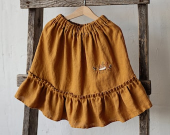 Mustard Ruffle Skirt, Linen Ruffle Skirt, Different Embroideries, Simple Skirt, Baby Girl Skirt, Linen Clothes for Kids, Washed Linen Skirt