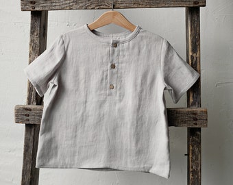 Fog Grey Short Sleeve Unisex Linen Shirt, Different Embroideries, Linen Shirt, Linen Shirt Boys, Linen Shirt Girls, Kids Shirt