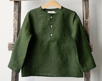 Forest Green Long Sleeve Unisex Linen Shirt, Different Embroideries, Linen Shirt, Linen Shirt Boys, Linen Shirt Girls, Kids Shirt