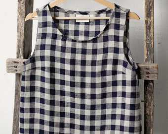 Picnic Festive Sleeveless Top, Linen Shirt, Linen Plaid Shirt, Linen Blouse, A Line Style Shirt, Sleeveless Linen Blouse