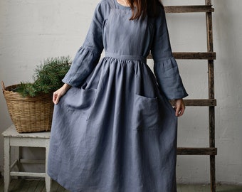 Dusty Blue Long Cross Back Pinafore, Linen Pinafore, Linen Apron, Cooking Apron, Kitchen Linen Apron, Apron for Women, Washed Linen Pinafore