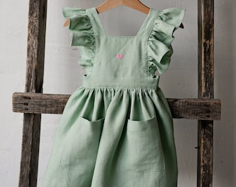 Green Tea Cross Back Pinafore with Wings, Linen Pinafore, Different Embroideries, Summer Dress for Girls, Girl Linen Dress, Girl Pinafore