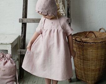 Baby Pink Summer Dress, Linen Summer Dress, Different Embroideries, Short Sleeve Dress, Girl Linen Dress, Flower Girl Dress