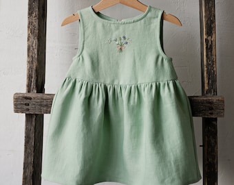 Green Tea Smock Dress, Linen Sleeveless Dress, Different Embroideries, Summer Dress for Girls, Flower Girl Dress, Girl Linen Dress