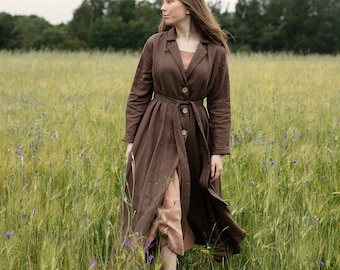 Cacao Linen Coat Women: A-Line Oversized Long Coat