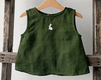 Forest Green Sleeveless Unisex Linen Shirt, Different Embroideries, Linen Shirt, Linen Shirt Boys, Linen Shirt Girls, Kids Shirt