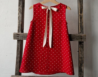 Red Polka Dot Festive Sleeveless Dress, Linen Sleeveless Dress, Summer Dress for Girls, Flower Girl Dress, Girl Linen Dress