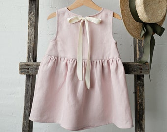 Baby Pink Smock Dress, Linen Sleeveless Dress, Different Embroideries, Summer Dress for Girls, Flower Girl Dress, Girl Linen Dress